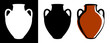Vector ancient amphora image in brown color and silhouettes in white and black background isolated in flat style.
