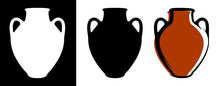 Vector Ancient Amphora Image In Brown Color And Silhouettes In White And Black Background Isolated In Flat Style.