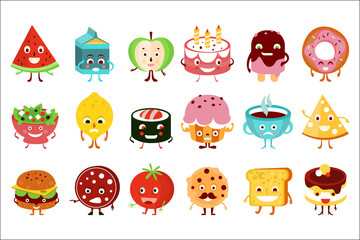 Poster - Funny food and drink characters with funny faces and emotions big set vector illustration