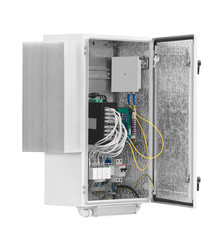 Poster - New electrical box contains many terminals, relays, wires and switches isolated on white background. Power box or feeder pillar is a cabinet for electrical equipment.