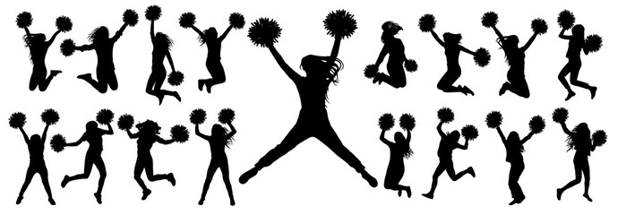 Silhouettes of cheerleading dancers (jumping and standing) with pompoms, isolated set of icons.Vector illustration.