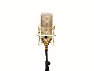 Poster - Microphone on a tripod, white background.