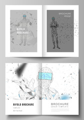 Wall Mural - The vector layout of two A4 format cover mockups design templates for bifold brochure, magazine, flyer, booklet, report. Man with glasses of virtual reality. Abstract vr, future technology concept.