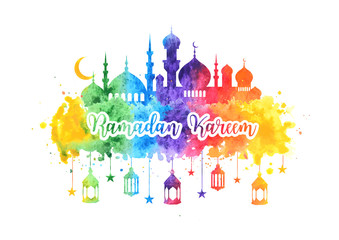 Ramadan Kareem watercolor background, greeting card with mosque, arabic lamps, stars and crescent. Banner for the Islamic Ramadan celebration. Vector illustration eps 10