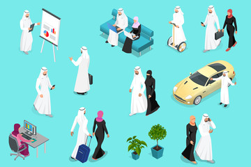 Wall Mural - Isometirc Saudi Businessmens. Arab man and woman character set. Muslim businessman with gadgets isolated vector illustration.