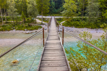 Poster - Swingbridge over blue Soca river near Bovec