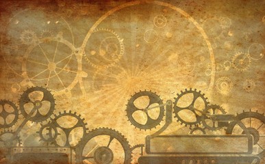 Vintage steampunk cogs gears and wheels, Frame background. Old retro paper canvas. Wallpaper.