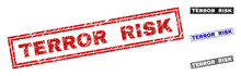 Grunge TERROR RISK Rectangle Stamp Seals Isolated On A White Background. Rectangular Seals With Grunge Texture In Red, Blue, Black And Gray Colors.