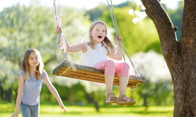 Wall Mural - Two cute sisters having fun on a swing in blossoming old apple tree garden outdoors on sunny spring day.