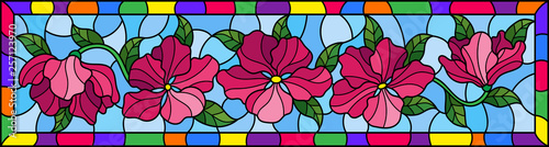 Dekoracja na wymiar  ilustracja-w-stylu-witrazu-z-rozowymi-kwiatami-i-liscmi-na-niebieskim-tle-pozioma
