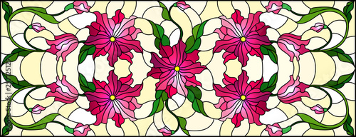 Dekoracja na wymiar  ilustracja-w-stylu-witrazu-z-przeplatanymi-rozowymi-kwiatami-i-liscmi-na-zoltym-tle