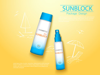 Wall Mural - top view sunplock sun protection cream and spray realistic ads 3d cosmetic package with hand draw doodle element.