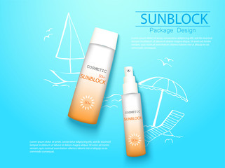 Wall Mural - top view sunplock sun protection cream and spray realistic ads 3d cosmetic package with hand draw doodle element.