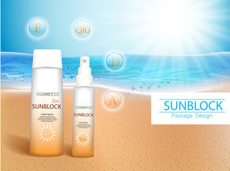 Wall Mural - Vector illustration. 3d bottles with sun protection cosmetic products on tropic beach. Sunblock cream and tanning oil spray bottle. Template, for magazine or ads, brochure, flyer, banner.