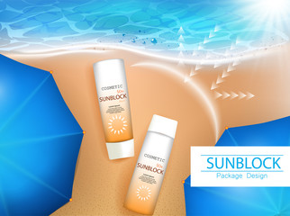Wall Mural - Vector illustration. 3d bottles with sun protection cosmetic products on tropic beach. Sunblock cream and tanning oil spray bottle. Template, for magazine or ads, brochure, flyer, banner.