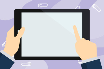 Poster - Businessman Hand Holding, Pointing and Touching Colorful Tablet Blank Screen Design business Empty template isolated Minimalist graphic layout template for advertising