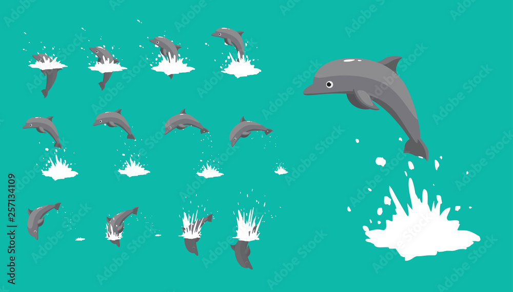 Dolphin Jumping Motion Sequence Cartoon Vector Illustration - obrazy, fototapety, plakaty 