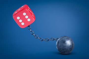 Poster - 3d rendering of red dice chained to metal ball on blue background