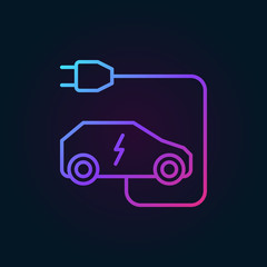 Poster - Electric car with plug vector colored icon or logo element in outline style on dark background