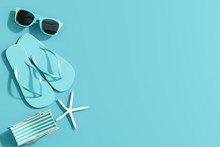 Flat Lay Summer Accessories On Blue Background. 3d Rendering