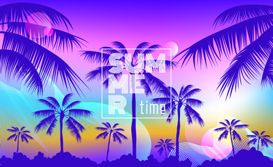 summer futuristic banner design with palm trees on sunset background abstract wave lines