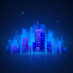 Wall Mural - City Landscape. Futuristic Night City Lights. City Silhouette on Blue Background. Vector illustration