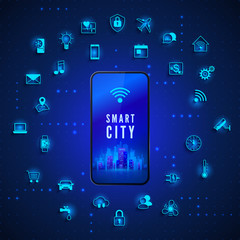Poster - modern smart city concept. smart city on mobile phone screen and icon set. technology background. ve