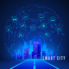 Poster - modern smart city concept in blue colors. smart city landscape and system monitoring and control ico