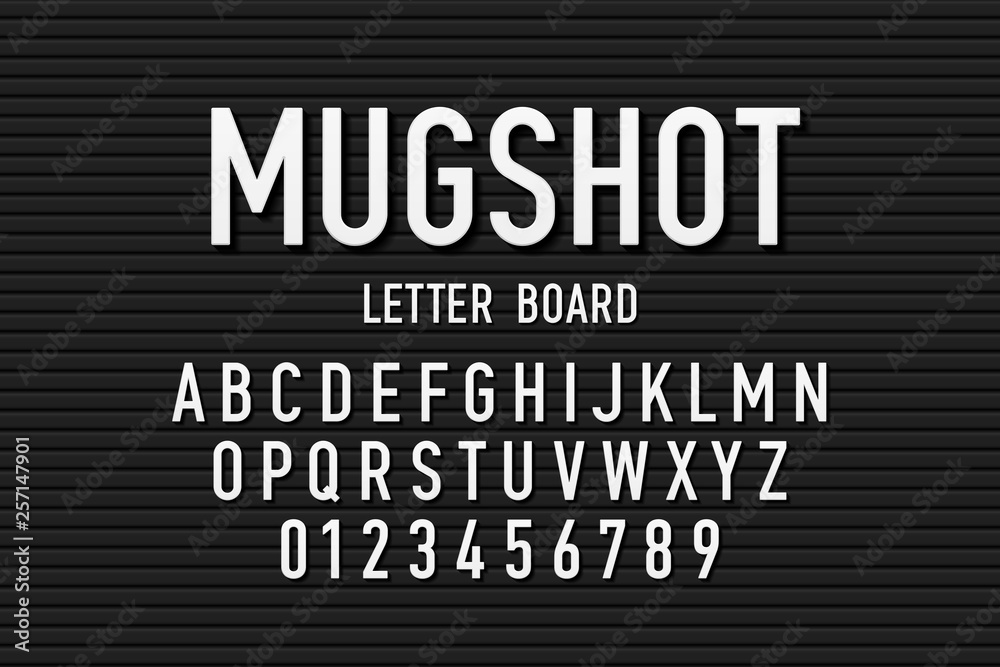 Police mugshot letter board style font, changeable alphabet letters and numbers - obrazy, fototapety, plakaty 