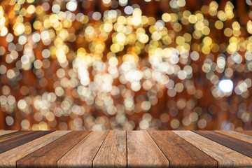 Wooden table on front blurred colorful bokeh background, abstract, used for presentation and template, banner website