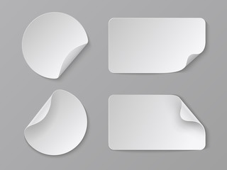 Poster - Realistic paper stickers. White adhesive round and rectangular price tags, blank fold corner paper mockup. Vector cardboard labels set