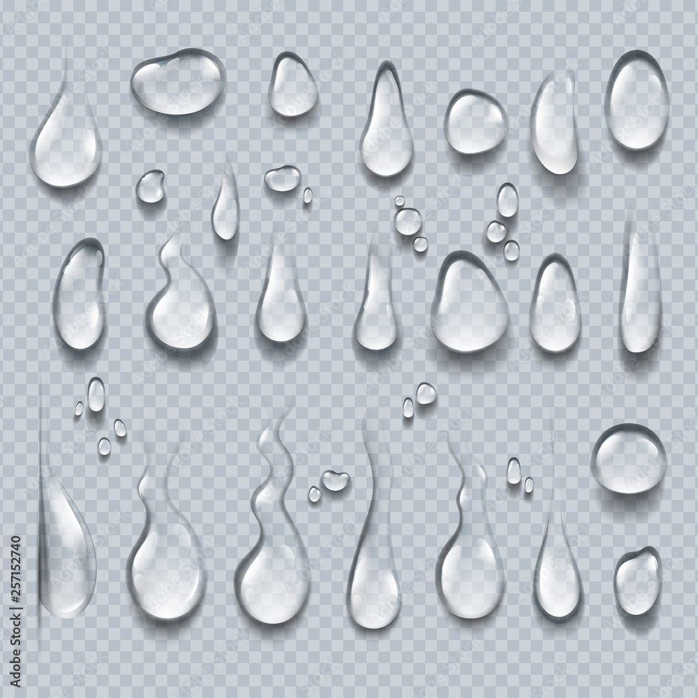 Realistic water drops. 3D transparent condensation droplets, bubble collection on clear surface. Rain drops vector set - obrazy, fototapety, plakaty 