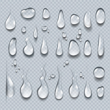 Realistic Water Drops. 3D Transparent Condensation Droplets, Bubble Collection On Clear Surface. Rain Drops Vector Set