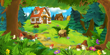 Cartoon Scene With Beautiful Rural Brick House In The Forest On The Meadow - Illustration For Children