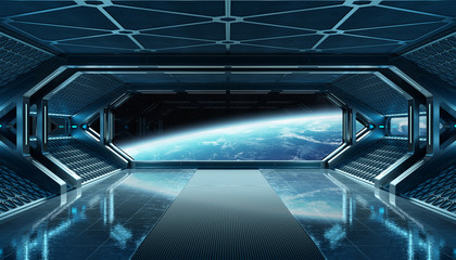 Wall Mural - Dark blue spaceship futuristic interior with window view on planet Earth 3d rendering