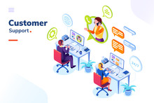 Customer Service People Office Or Isometric Call Center Room. Man Support And Woman Phone Assistant, Operator With Headset Doing Live Feedback. Online User Or Client Support Centre. Work, Job, Hotline