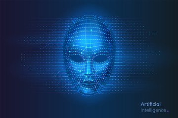 Poster - Robot or artificial intelligence cyber face with dots and lines. Neural network connections near bionic or virtual human head. AI and computer technology, identification and intellect concept