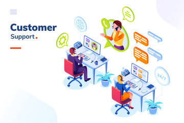 Poster - Customer service people office or isometric call center room. Man support and woman phone assistant, Operator with headset doing live feedback. Online user or client support centre. Work, job, hotline