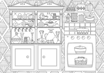 Wall Mural - funny kitchen with cupboard and oven for your coloring book