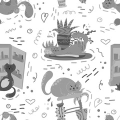 Wall Mural - Cute seamless pattern with house plants, cats and doodles. Flowers in a pots. Hygge home. Vector background design.