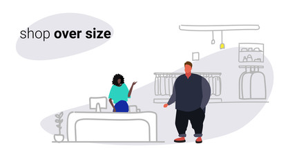 Wall Mural - fat overweight man standing at cash desk counter fashion shop over size male clothes market shopping mall interior sketch flow style horizontal