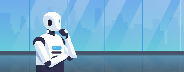 Fototapete - modern robot thinking humanoid holding hand chin pondering artificial intelligence digital technology concept cartoon character portrait horizontal