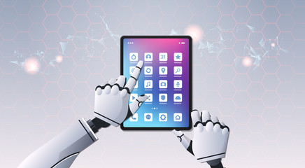 Poster - robot hands using tablet computer application top angle view artificial intelligence digital futuristic technology concept horizontal
