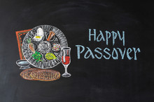Passover Plate And Traditional Food For Passover (Pesach) On Chalkboard. Passover Dinner, Seder Pesach.