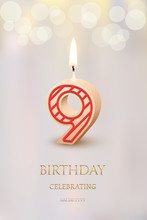 Burning Number 9 Birthday Candle With Birthday Celebration Text On Light Blurred Background. Vector Nineth Birthday Invitation Template.