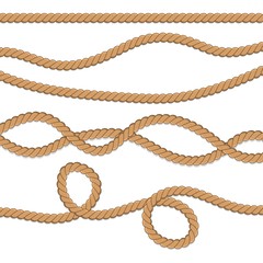 Wall Mural - Set of different ropes. String, jute, thread, cord and twisted rope knots. Nautical yellow rope woven symbol. Template design for decoration and covering.