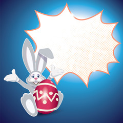 Wall Mural - Cute Easter Bunny with red ornamented egg and blank comic speech bubble isolated on a blue background