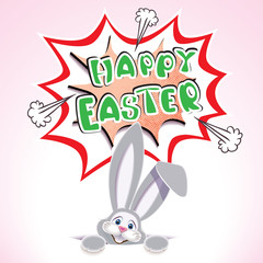 Wall Mural - Cute Easter Bunny in the hole with textual comic speech bubble -Happy Easter- isolated on a light background
