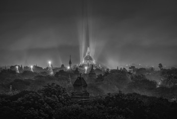 Wall Mural - Black and white image of Ancient pagoda at night in Bagan, Myanmar.