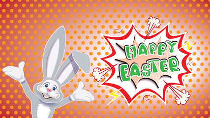 Wall Mural - Cute gray Easter Bunny with textual comic speech bubble on a dotted pop art style background